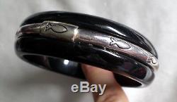 Vintage 70's Black Bangle Bracelet W, Silver Rim Fish Design