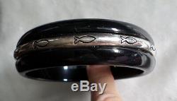 Vintage 70's Black Bangle Bracelet W, Silver Rim Fish Design