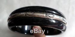 Vintage 70's Black Bangle Bracelet W, Silver Rim Fish Design