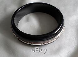 Vintage 70's Black Bangle Bracelet W, Silver Rim Fish Design