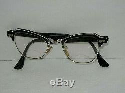 Vintage Bausch + Lomb Horn Rimmed Eyeglasses 12K GF Black & Silver 4-1/4-5-1/2