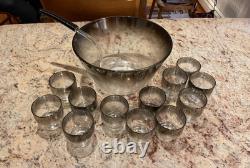 Vintage MCM Silver Ombré Punch Bowl with 12 glasses and plastic ladle