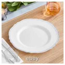 Visions Heirloom 10 White Round Plastic Plate with Silver Vintage Rim