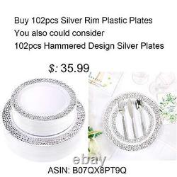 WDF 102 pieces Silver Plastic Plates Christmas Plates Disposable Silver Rim
