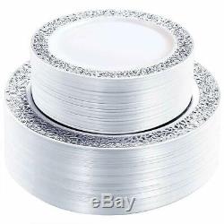 WDF 102PCS Silver Plastic Plates-Disposable Plastic Plates with Silver Rim- Lace