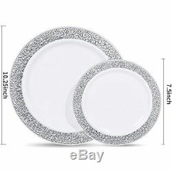 WDF 102PCS Silver Plastic Plates-Disposable With Rim- Lace Design Wedding Party