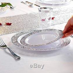 WDF 102PCS Silver Plastic Plates-Disposable With Rim- Lace Design Wedding Party