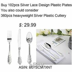 WDF 102PCS Silver Plastic Plates-Disposable With Rim- Lace Design Wedding Party