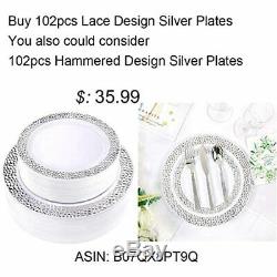 WDF 102PCS Silver Plastic Plates-Disposable With Rim- Lace Design Wedding Party