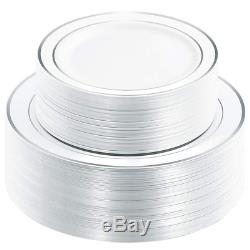 WDF 120PCS Silver Plastic Plates-Disposable Plastic Plates with Silver Rim
