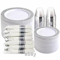 WELLIFE 350 Pieces Silver Disposable Plastic Dinnerware Silver Lace Plates fo