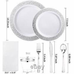 WELLIFE 350 Pieces Silver Disposable Plastic Dinnerware Silver Lace Plates fo