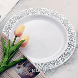 WELLIFE 350 Pieces Silver Disposable Plastic Dinnerware Silver Lace Plates fo