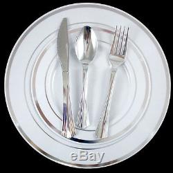Wedding Dinner Party Disposable Plastic Plates & silverware, white /silver rim