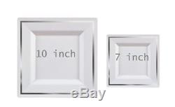 Wedding / Dinner / Party Disposable Plastic Plates white Square Silver Rim
