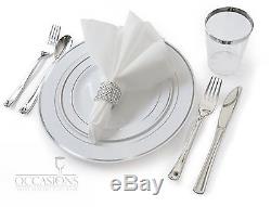Wedding Disposable Plastic Plates, silverware, silver rimmed tumblers + Napkins