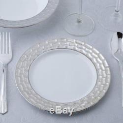 White Plastic 7.25 Round Plates with Silver Textured Rim Wedding Disposable