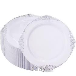 White Silver-Rim 10.25 In. Heavy-Duty Classy Elegant Disposable Dinner Plates Bp