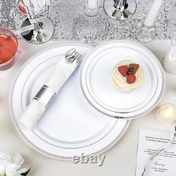 White and Silver Plastic Dinnerware Set Disposable for Party Supplies