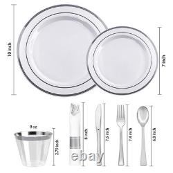 White and Silver Plastic Dinnerware Set Disposable for Party Supplies