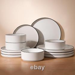White with Black Rim, Microwave and Dishwasher Dishes Set, 12 Pieces Stone