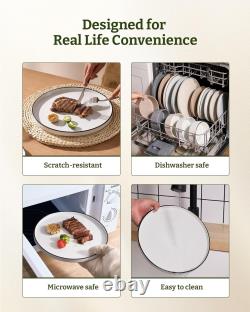 White with Black Rim, Microwave and Dishwasher Dishes Set, 12 Pieces Stone