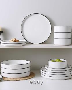 White with Black Rim, Microwave and Dishwasher Dishes Set, 12 Pieces Stone