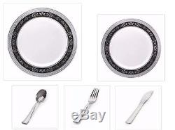 White withBlack Silver Royal Rim China-like Plastic Plates Cutlery Set 750 Pieces