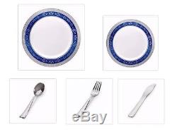 White withBlue Silver Royal Rim China-like Plastic Plates Cutlery Set 500 Pieces