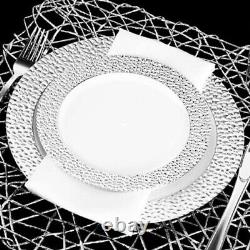 10,25 Assiettes Chargeur de Dîner en Plastique Blanc avec Bordure Argentée Design 90 pièces