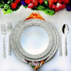 10,25 Assiettes Chargeur de Dîner en Plastique Blanc avec Bordure Argentée Design 90 pièces