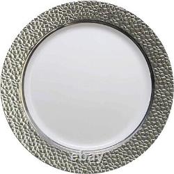 10,25 Assiettes rondes de service en plastique blanc avec design de bordure argentée - Lot de 100