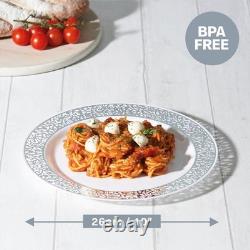 100 Assiettes de Dîner en Plastique Blanc Élégantes 26 cm avec Bord en Dentelle Argentée pour Toutes les Occasions