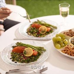 100 Assiettes de Dîner en Plastique Blanc Élégantes 26 cm avec Bord en Dentelle Argentée pour Toutes les Occasions