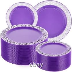 100 Paquet de Assiettes en Plastique Violet Argent, Assiettes Jetables avec Bord Argenté 100 Paquet de Assiettes en Plastique Violet Argent, Assiettes Jetables avec Bord Argenté