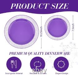 100 Paquet de Assiettes en Plastique Violet Argent, Assiettes Jetables avec Bord Argenté