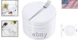 100 Pcs Assiettes à Dessert Jetables avec Bord Argenté et Fourchettes Parfaites pour un Service Élégant
