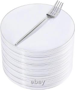 100 Pcs Assiettes à Dessert Jetables avec Bord Argenté et Fourchettes Parfaites pour un Service Élégant