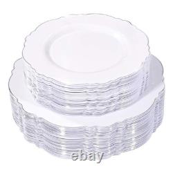 100 pièces Assiettes en Plastique Argent Design Baroque Haut de Gamme Résistant Blanc & Si