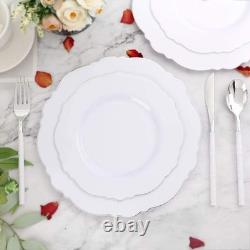 100 pièces Assiettes en Plastique Argent Design Baroque Haut de Gamme Résistant Blanc & Si