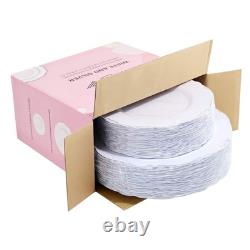 100 pièces Assiettes en Plastique Argent Design Baroque Haut de Gamme Résistant Blanc & Si