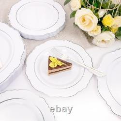 100 pièces Assiettes en Plastique Argent Design Baroque Haut de Gamme Résistant Blanc & Si