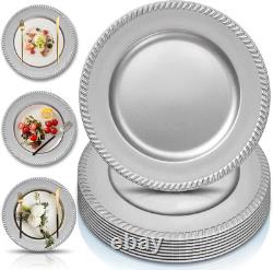 100 pièces de sous-assiettes argentées, sous-assiettes rondes perlées de 13 pouces, réutilisables en plastique