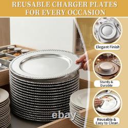 100 pièces de sous-assiettes argentées, sous-assiettes rondes perlées de 13 pouces, réutilisables en plastique