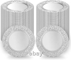100 pièces de sous-assiettes en gros, sous-assiettes argentées de 13' pour assiettes de dîner, rondes à motif floral