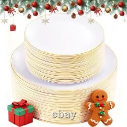 100PCS Assiettes Jetables Blanches avec Bord Doré pour Fête de Noël/Mariage