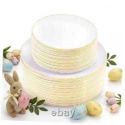 100PCS Assiettes Jetables Blanches avec Bord pour 100 PCS Dorés