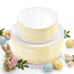 100PCS Assiettes Jetables Blanches avec Bord pour 100 PCS Dorés