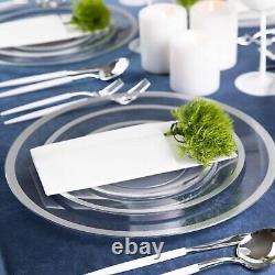 13 Assiettes de dîner en plastique jetables transparentes de qualité lourde avec bordure épaisse argentée