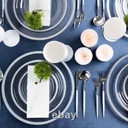 13 Assiettes de dîner en plastique jetables transparentes de qualité lourde avec bordure épaisse argentée